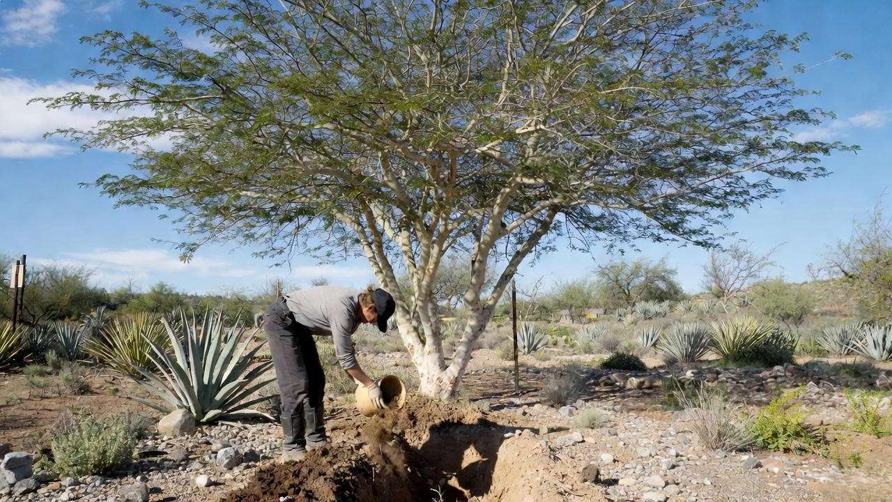 "Mexican sycamore tree planting with compost in sunny arid landscape".