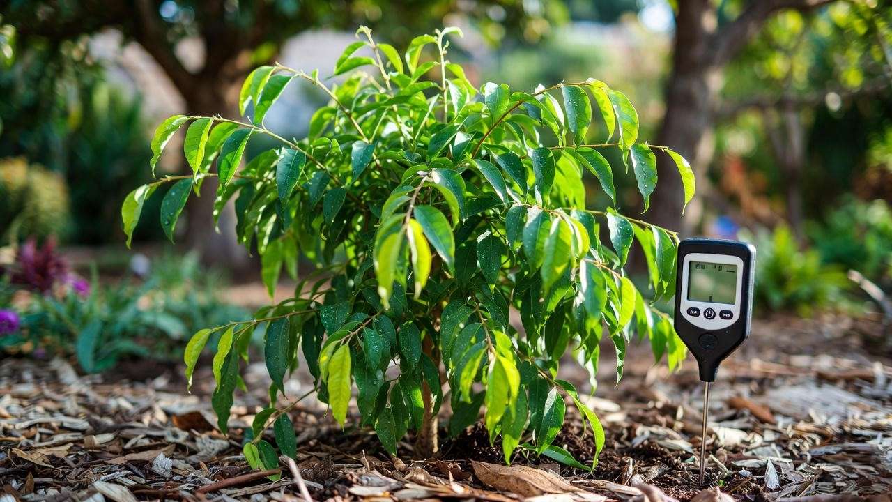 Mayten tree with soil moisture meter and mulch, water droplets on leaves for proper watering."