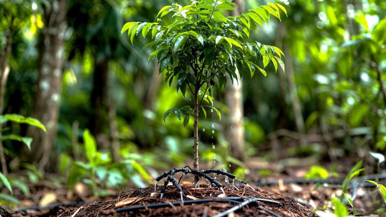 Drip irrigation system watering a young June plum tree with mulch in a tropical garden"