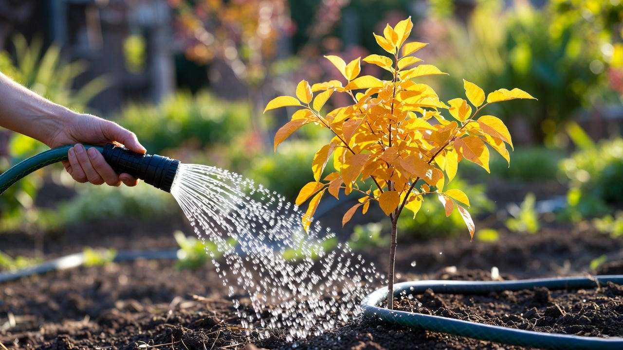 Gardener watering a Golden Spirit Smoke Tree with a soaker hose in a healthy garden"