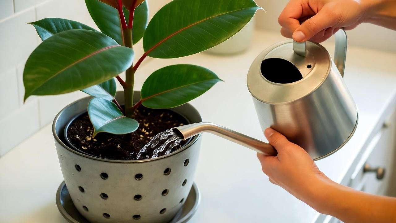 Close-up of watering a rubber plant pink in a ceramic pot, showing moist, well-draining soil for optimal care.