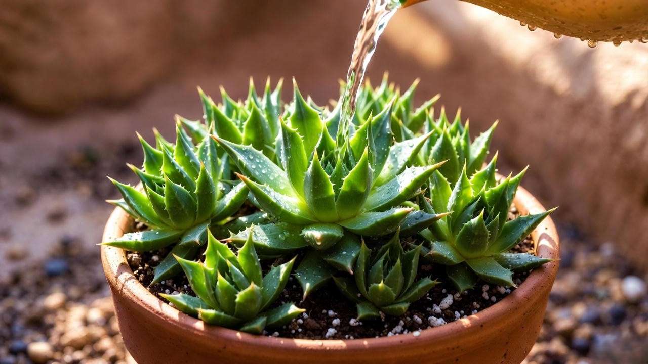 Spiky succulent being watered with soak and dry method in terracotta pot with well-draining soil