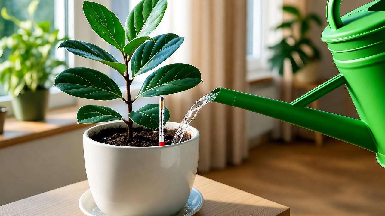"Healthy Ficus lyrata being watered with a green can in bright indoor light, moisture meter in soil"