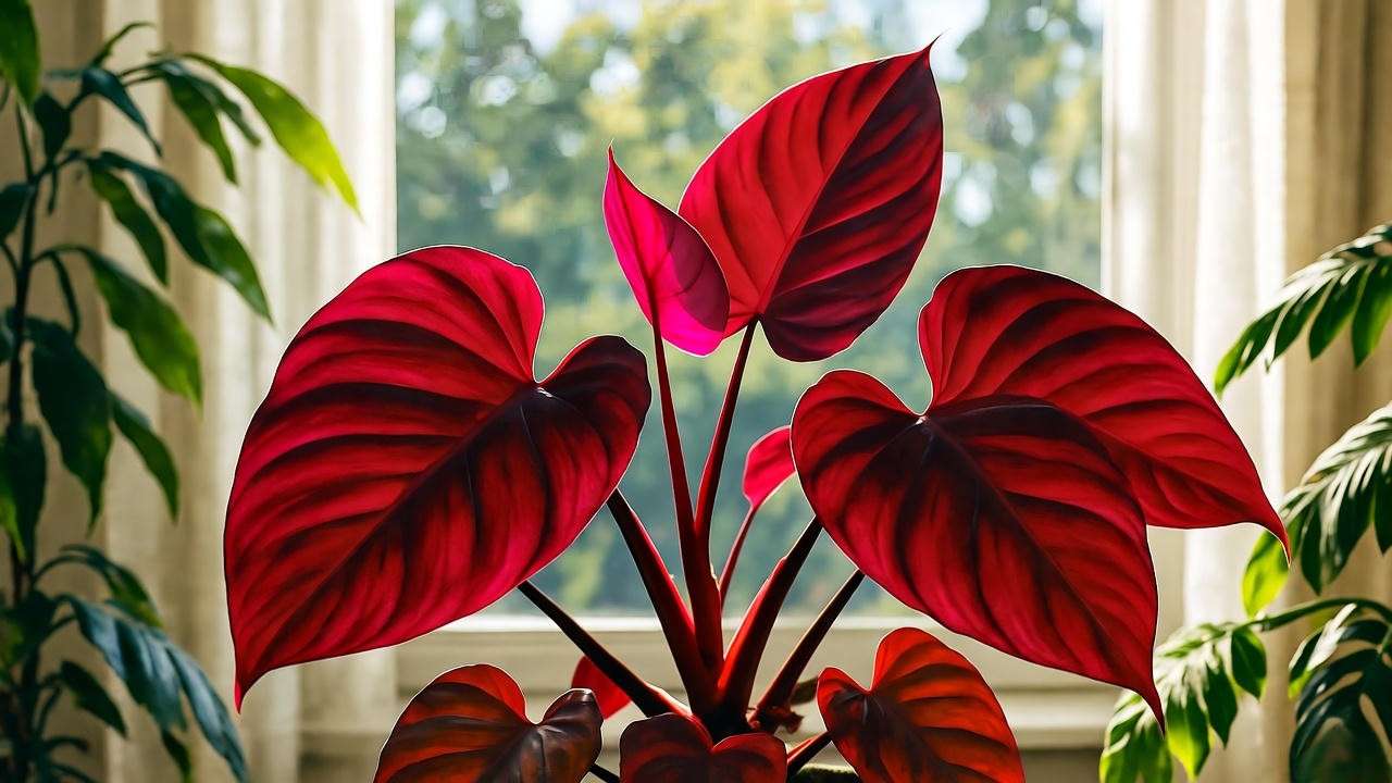 Red philodendron plant thriving in bright, indirect light near a window with sheer curtains."