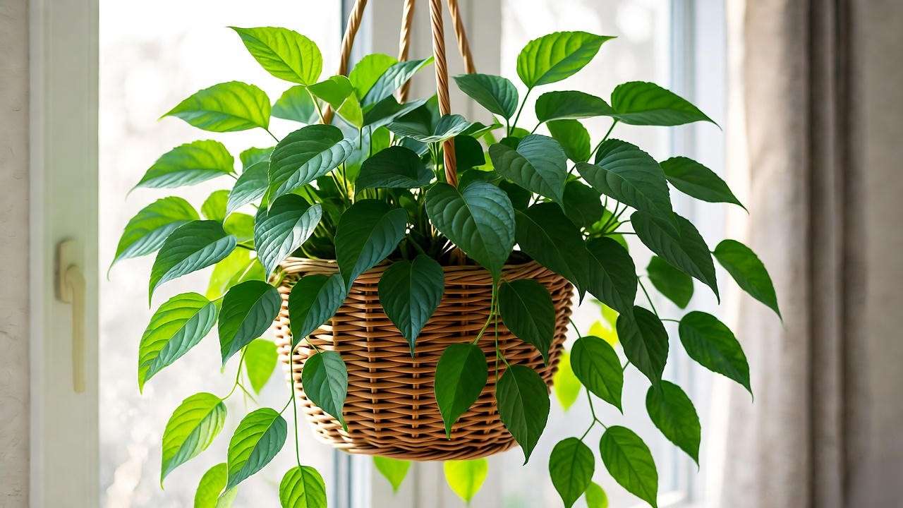 Kermit Plant thriving in a hanging basket under bright indirect light near a window."