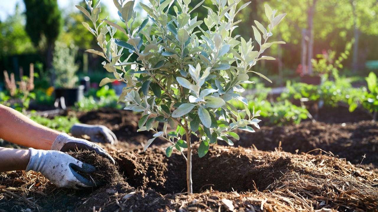 Gardener planting a silver apricot tree with compost and mulch in well-drained soil under sunlight.