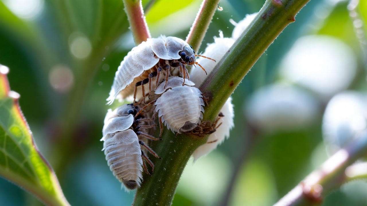 Mealybugs creating white cotton-like spots in leaf axils and stems