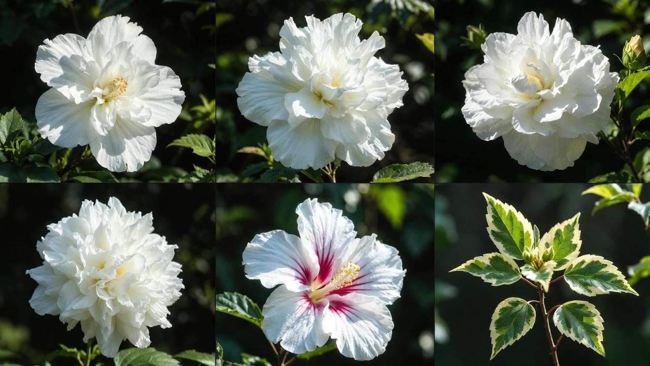 Popular white hibiscus cultivars including White Wings, White Chiffon, and Snowflake in full bloom