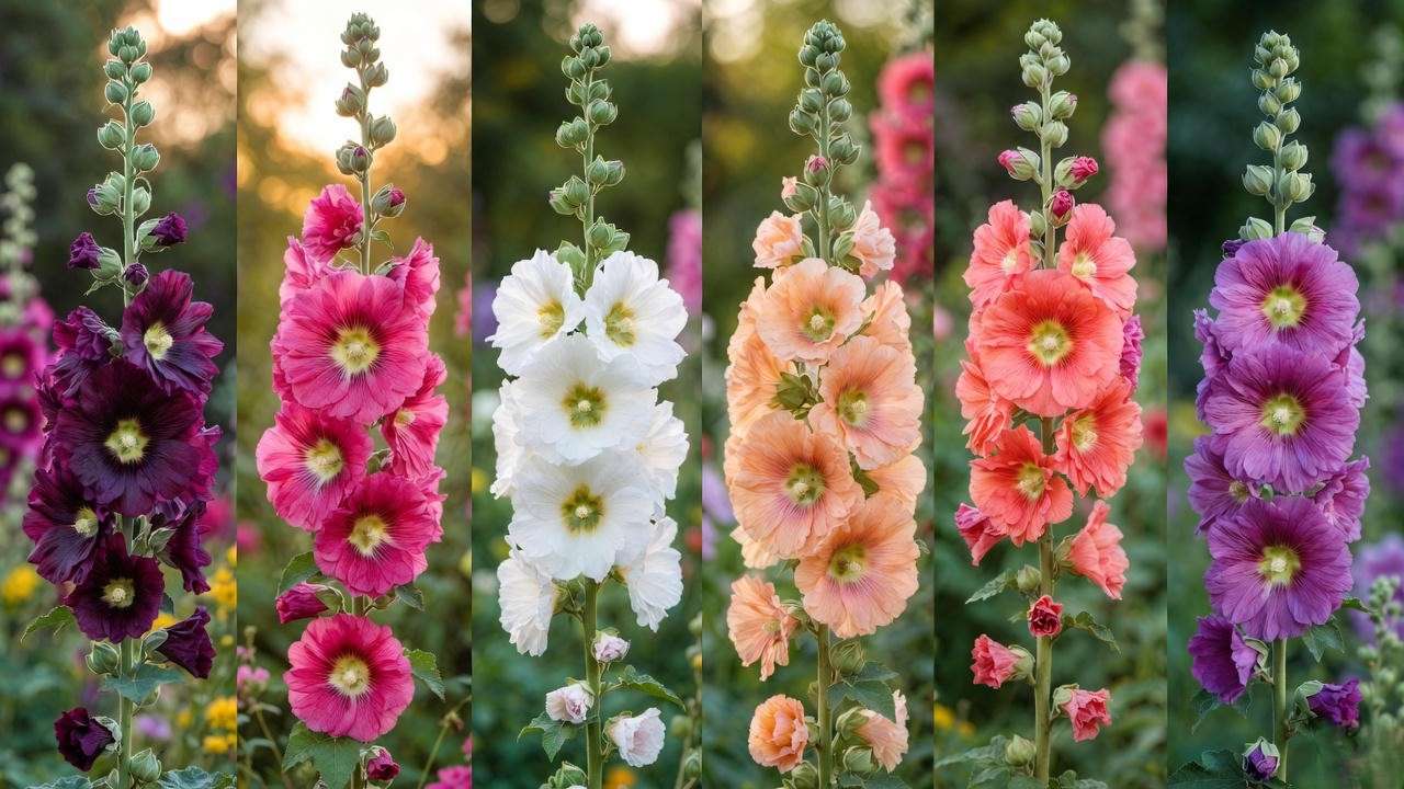 Different hollyhock varieties including Halo, Nigra, and Queeny Purple in full bloom”