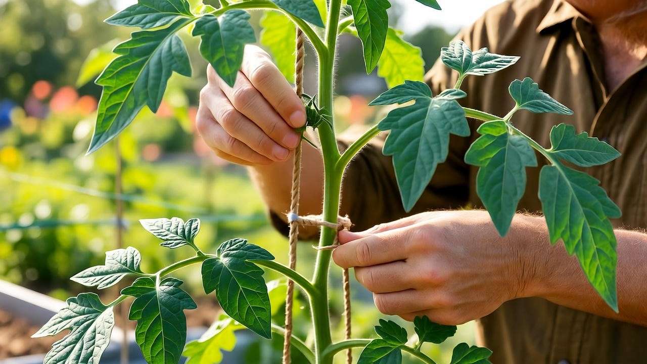 Gardener pruning tomato plant mid-season with stakes and twine in a temperate garden."