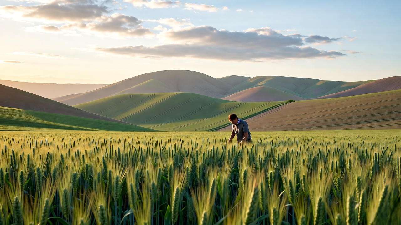 Farmer inspecting healthy winter wheat
