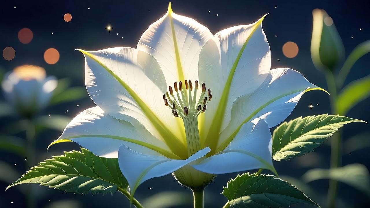 Close-up of a glowing Moonflower blooming at night in a magical garden.