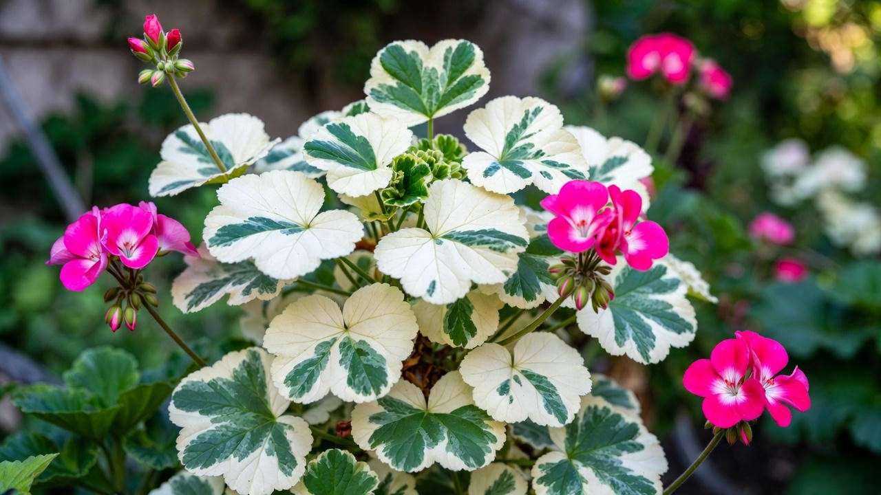 Naturally variegated geranium with creamy white leaf sections – not a disease