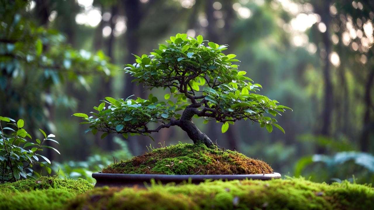Bonsai pot with sphagnum moss for weed control"