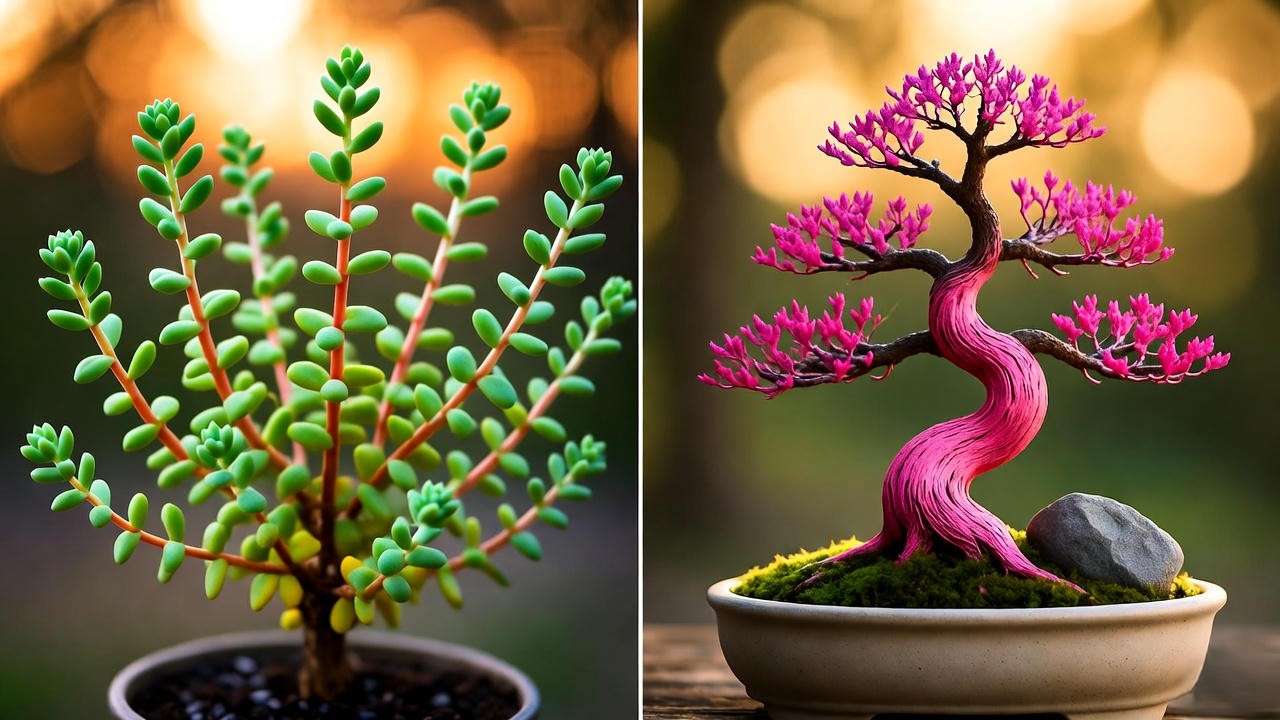 Neon sedum bonsai transformation before and after pruning and wiring