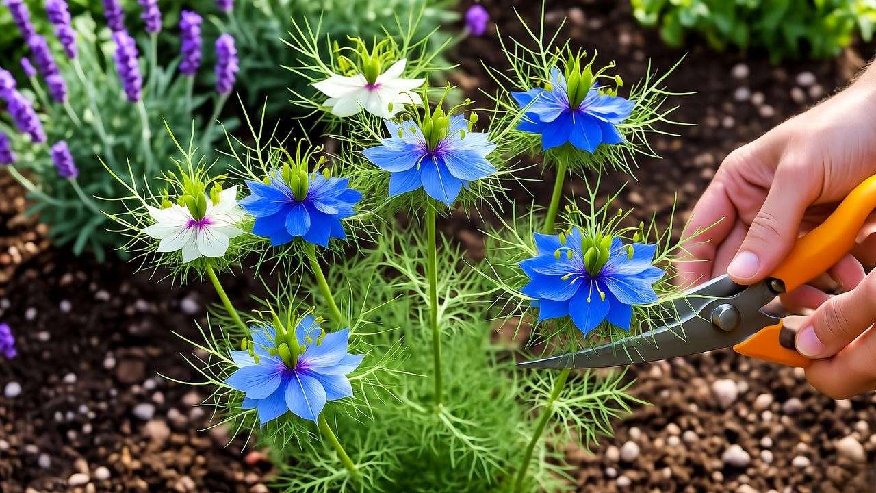 "Nigella sativa plant with blue and white flowers being pruned in a garden with lavender."