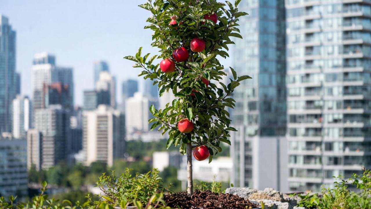 Narrow columnar Northpole apple tree producing full-size apples on small balcony