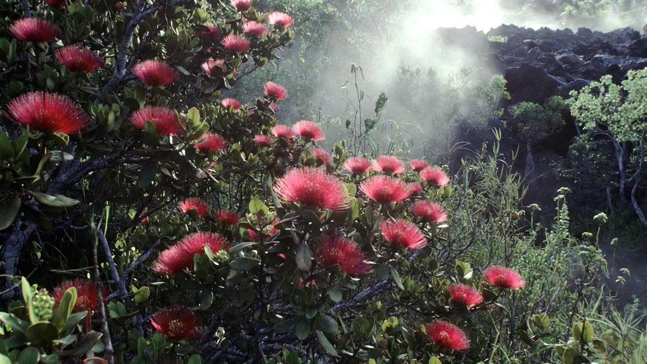 Ōhiʻa lehua tree with bright red pom-pom flowers in a misty Hawaiian forest, surrounded by volcanic rock and lush greenery.