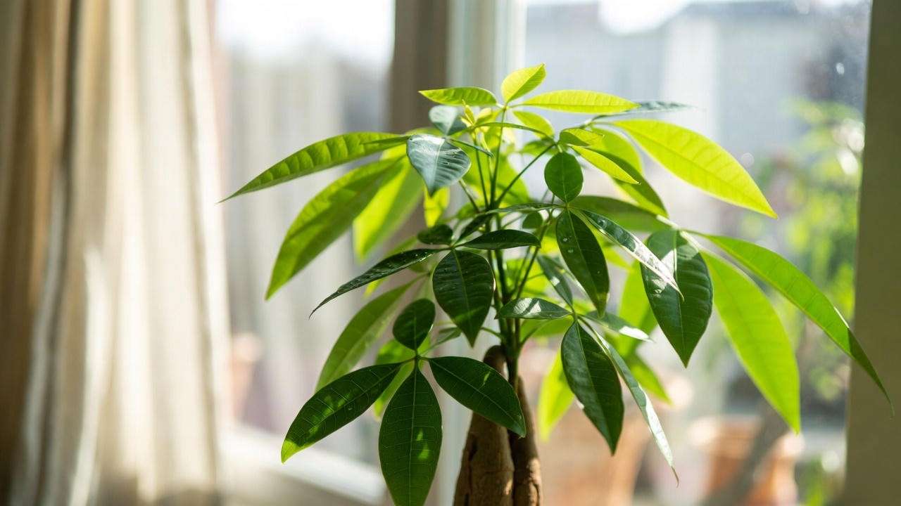 Money tree thriving in bright indirect light near a sheer-curtained window