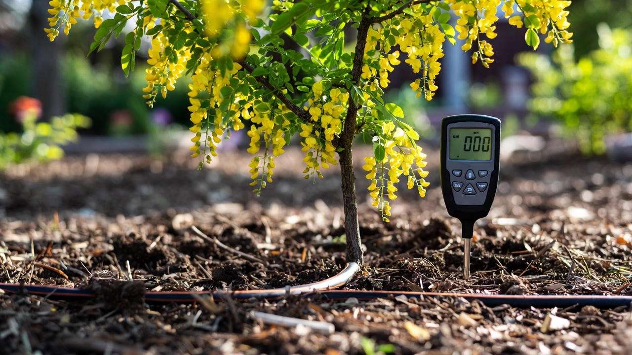 "Flowering locust tree being watered with soaker hose and moisture meter."