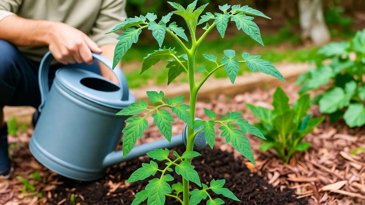 Gardener applying compost tea to pruned tomato plant with healthy leaves and mulch."