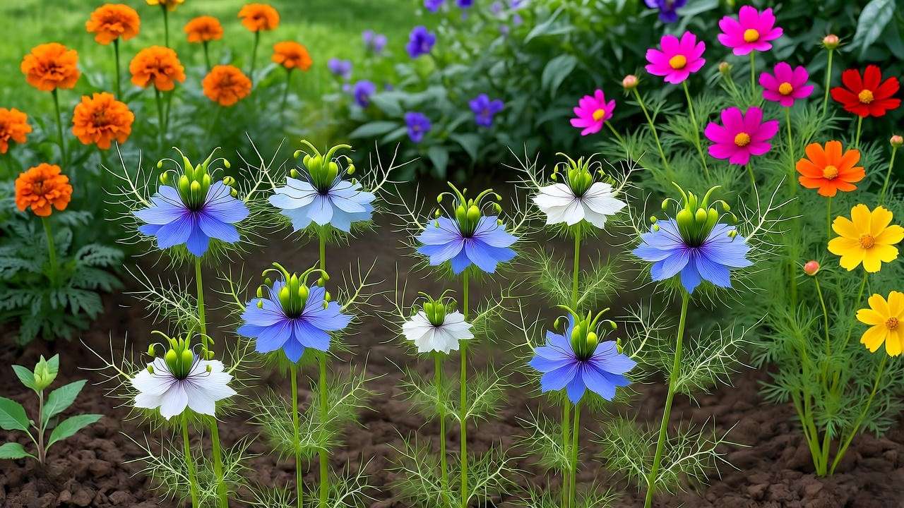 Cottage garden with nigella sativa, marigolds, and cosmos in a colorful border