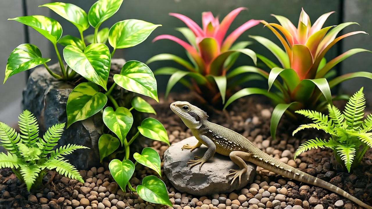 Terrarium with pothos, bromeliads, and ferns, featuring a basking reptile."