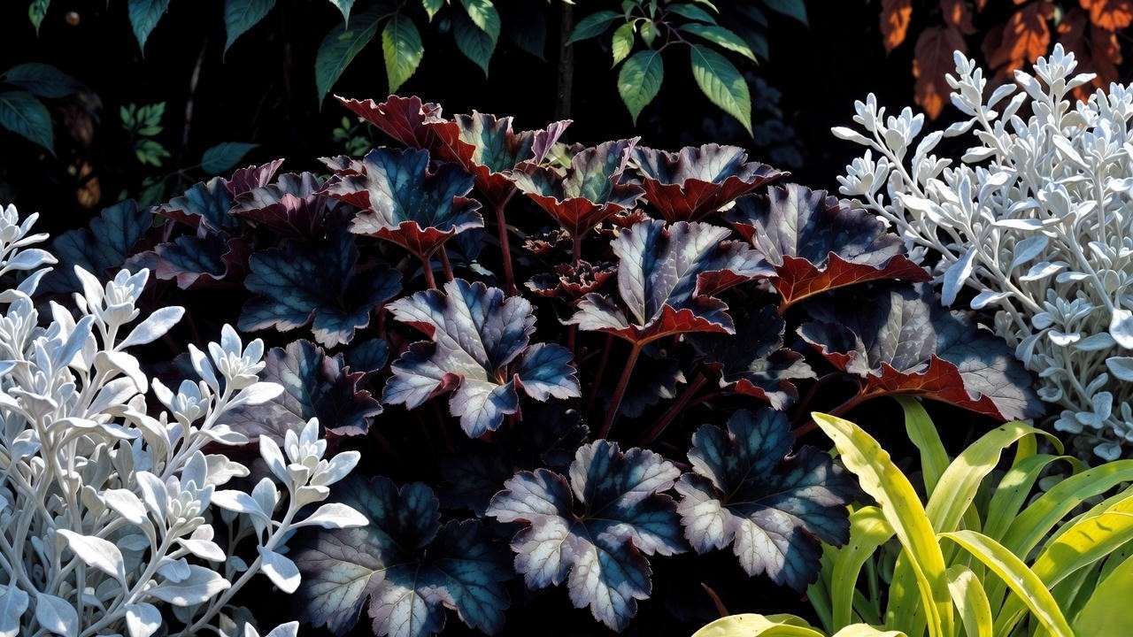 Heuchera Black Pearl with silver and lime contrast foliage creating dramatic garden color