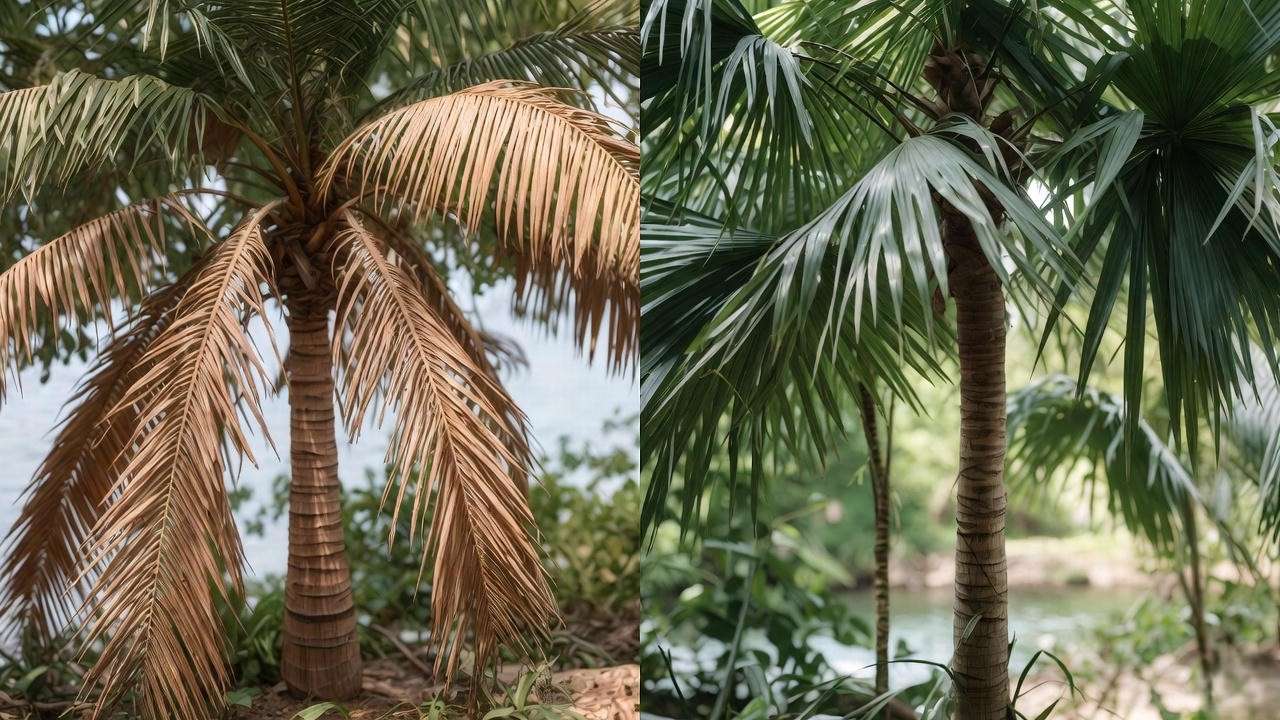 Split view of an over-fertilized palm with burned fronds versus a healthy palm with lush fronds."