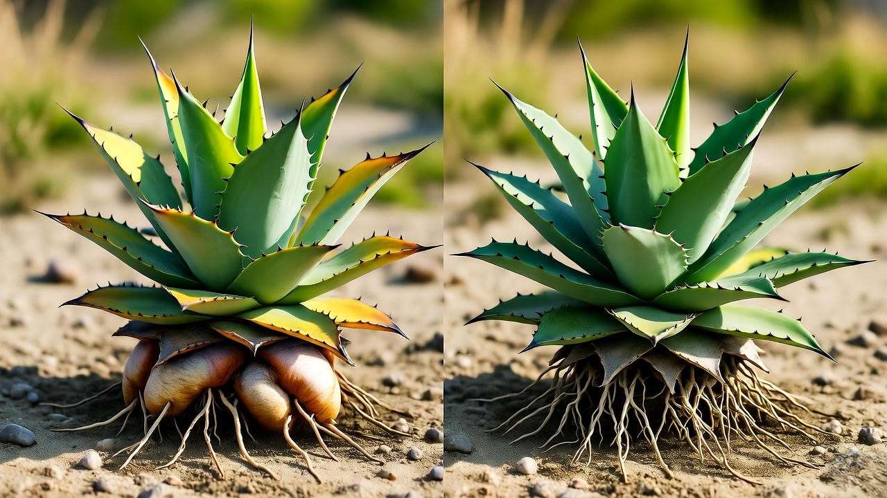 Overwatered sisal agave with yellow leaves vs healthy plant.
