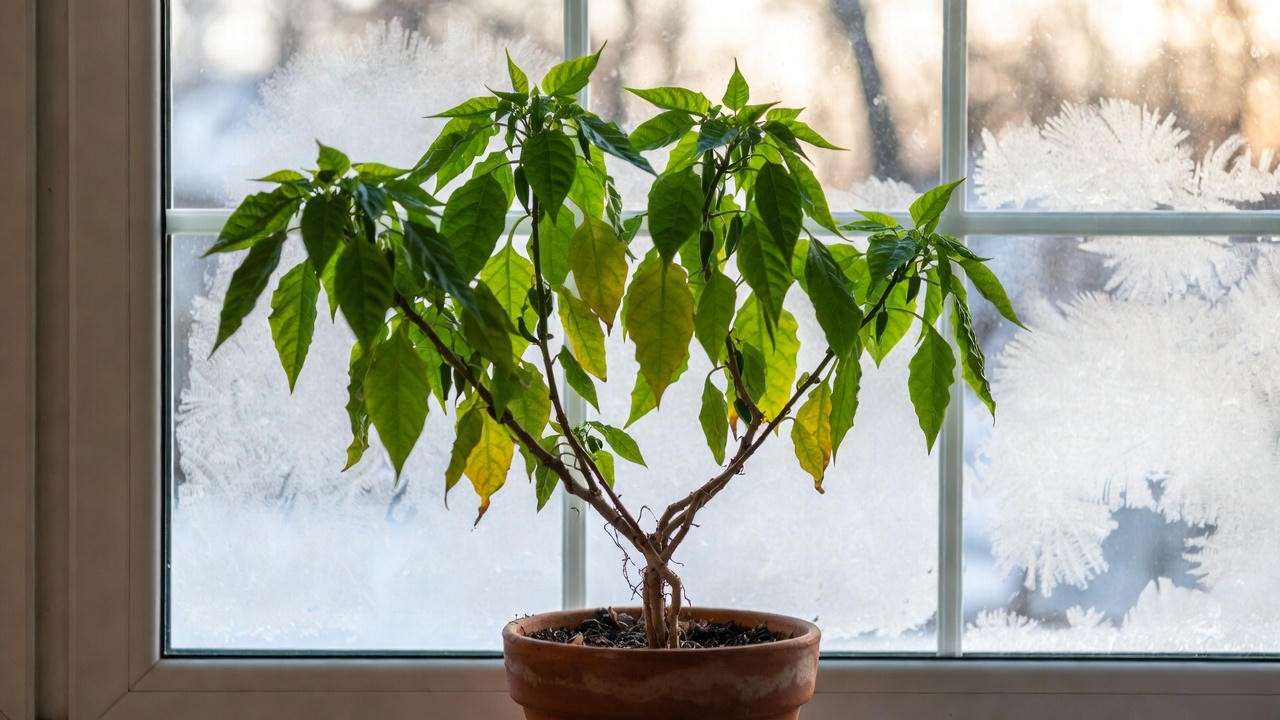 Successfully overwintered hot banana chilli plant indoors ready for third-year explosive growth