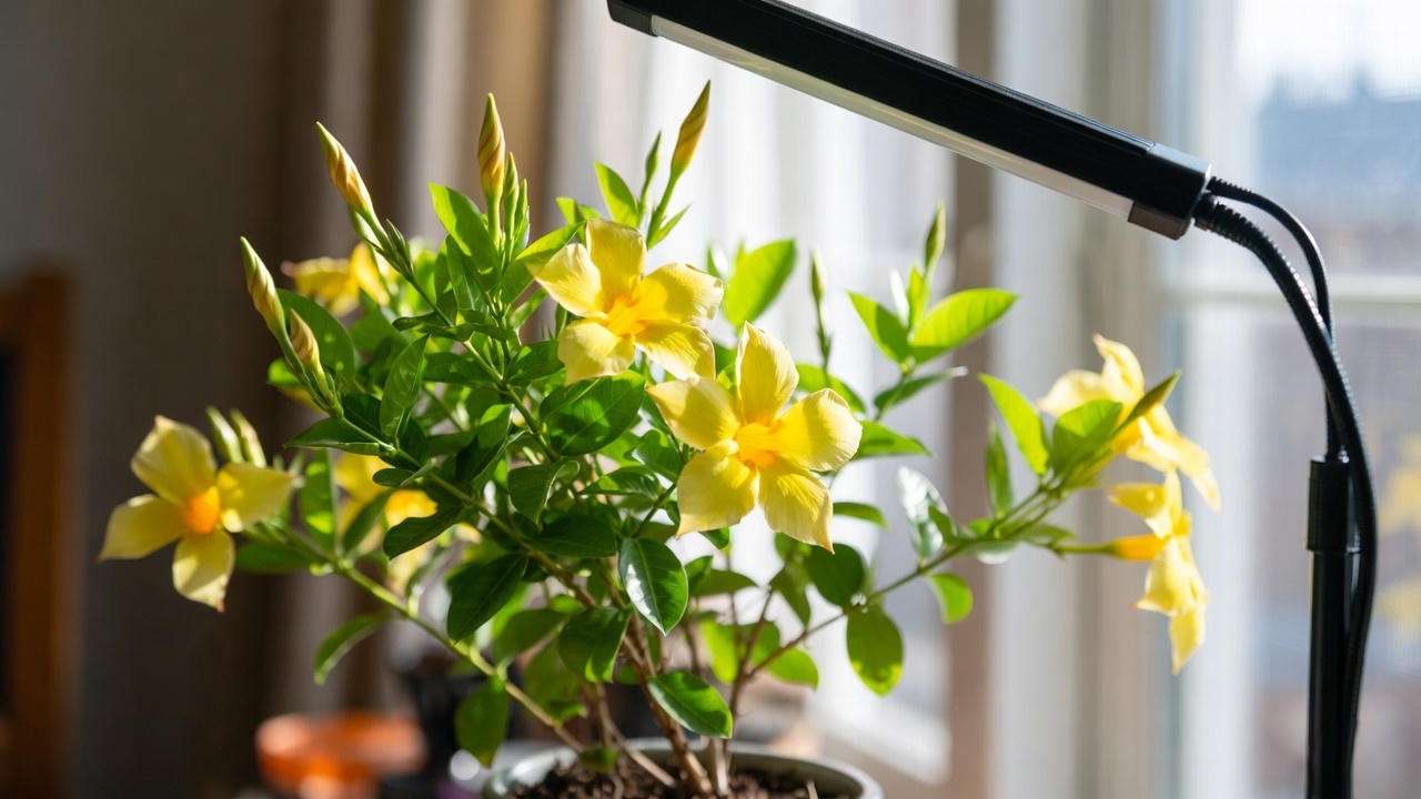 Yellow mandevilla plant indoors with grow light near a window in winte