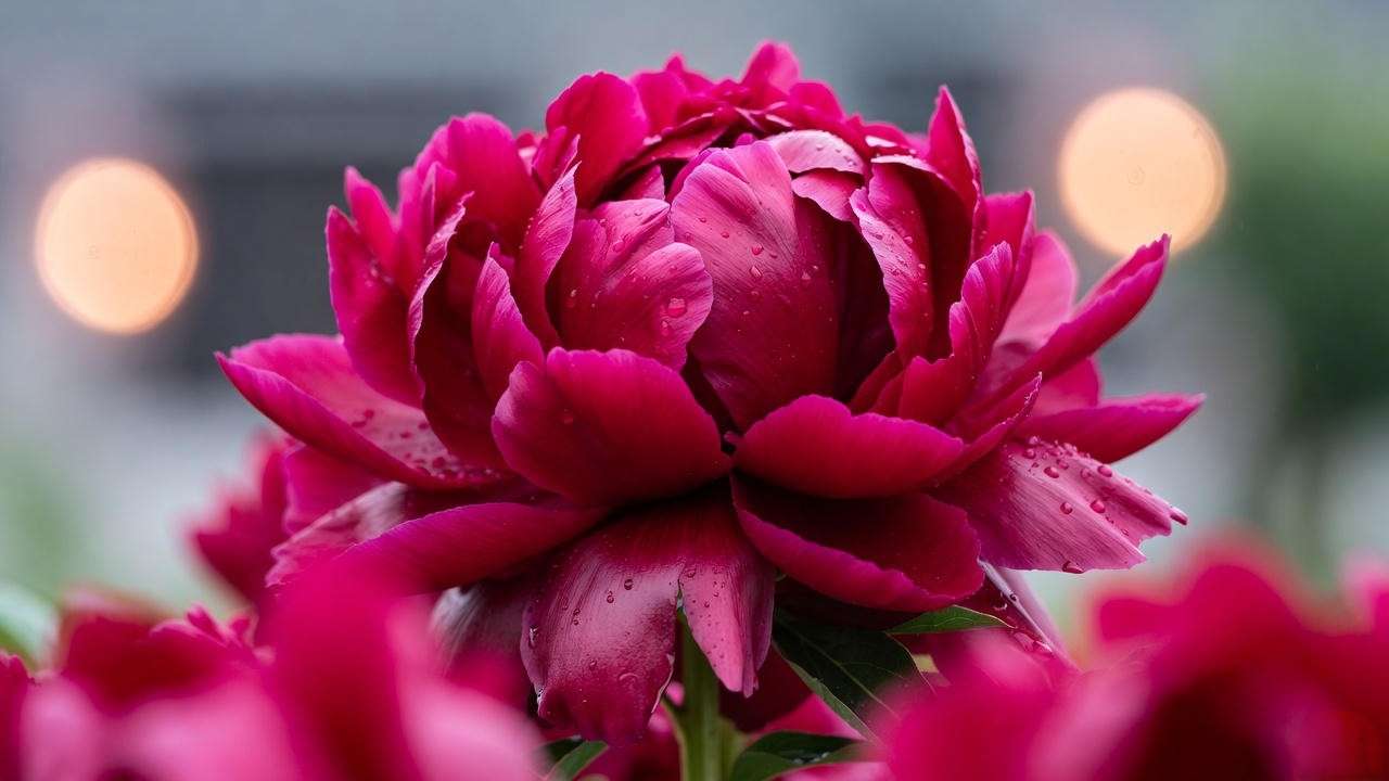 Deep red Peony ‘Red Charm’ double bloom close-up with morning dew