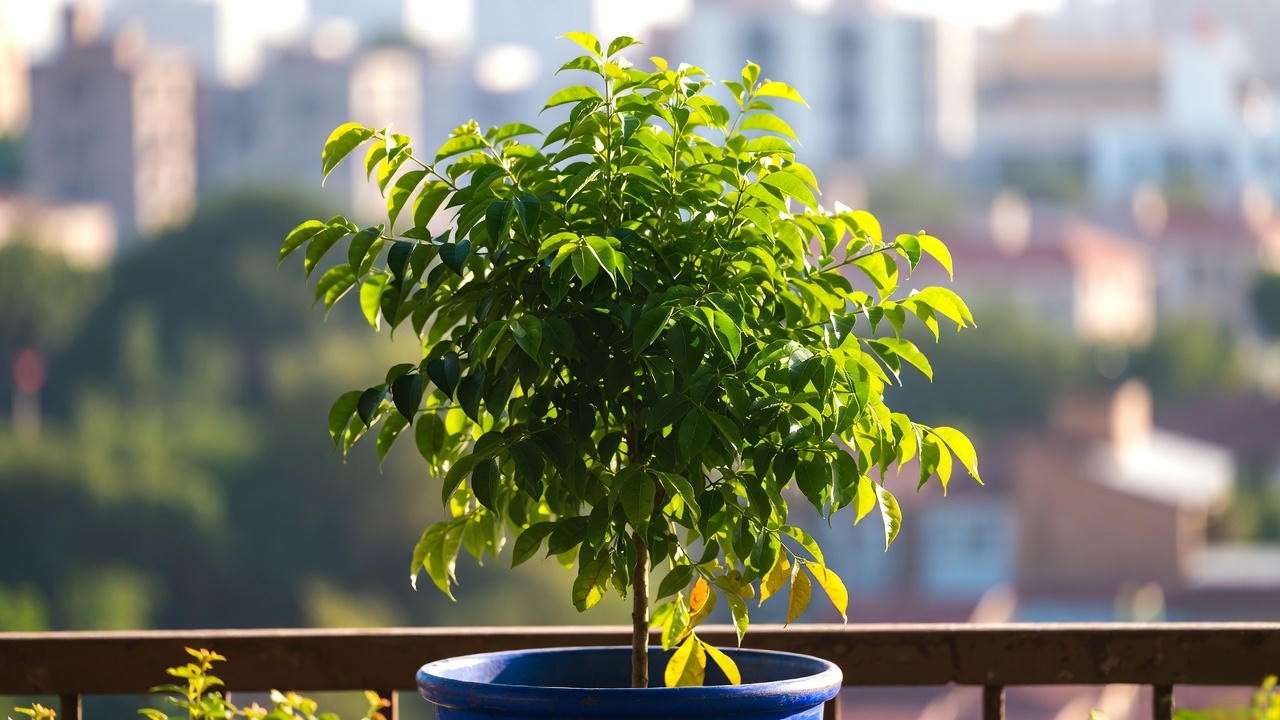 Curry tree thriving in full direct sunlight on balcony