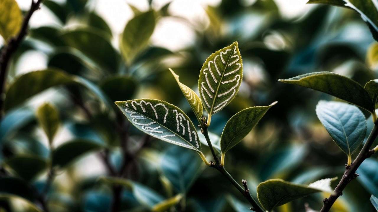 Close-up of citrus leafminer trails causing distorted lemon tree leaves