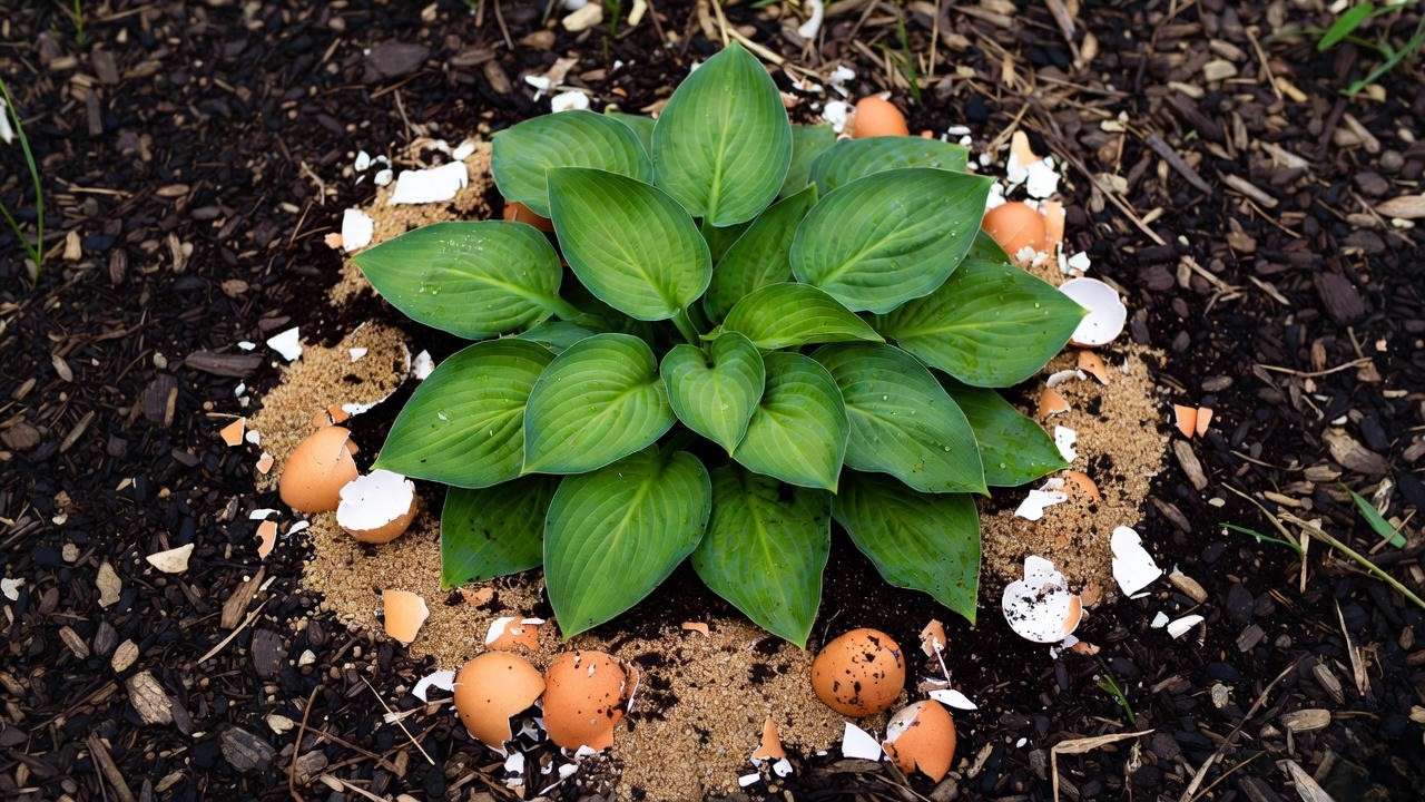 Organic slug and snail barrier protecting giant hosta plant