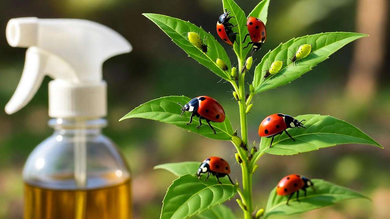 Ladybugs controlling aphids on niger seed plant – natural pest defense