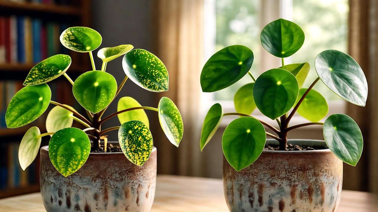 Comparison of Pilea glauca with spider mites and healthy plant after neem oil treatment"