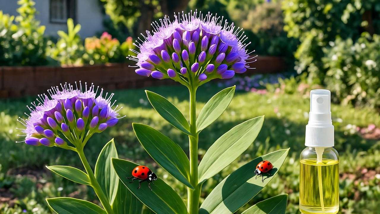 "Statice Perezii plant with ladybugs and neem oil spray for natural pest control."