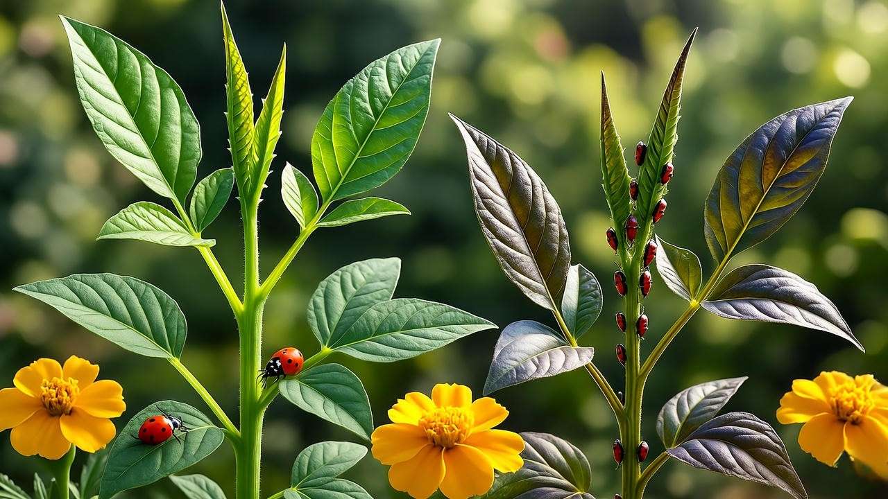 "Navy bean plant with aphids and ladybugs plus marigolds for natural pest control."