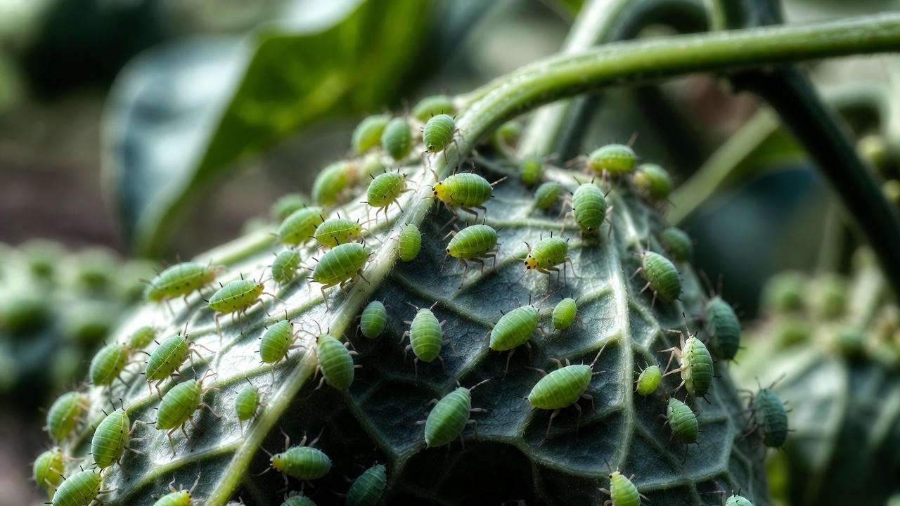 Aphids on underside of shishito pepper plant leaf – common pest identification