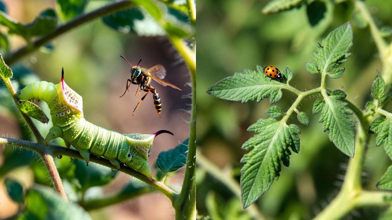 Natural pest control on Sungold tomato plants – hornworm and beneficial insects