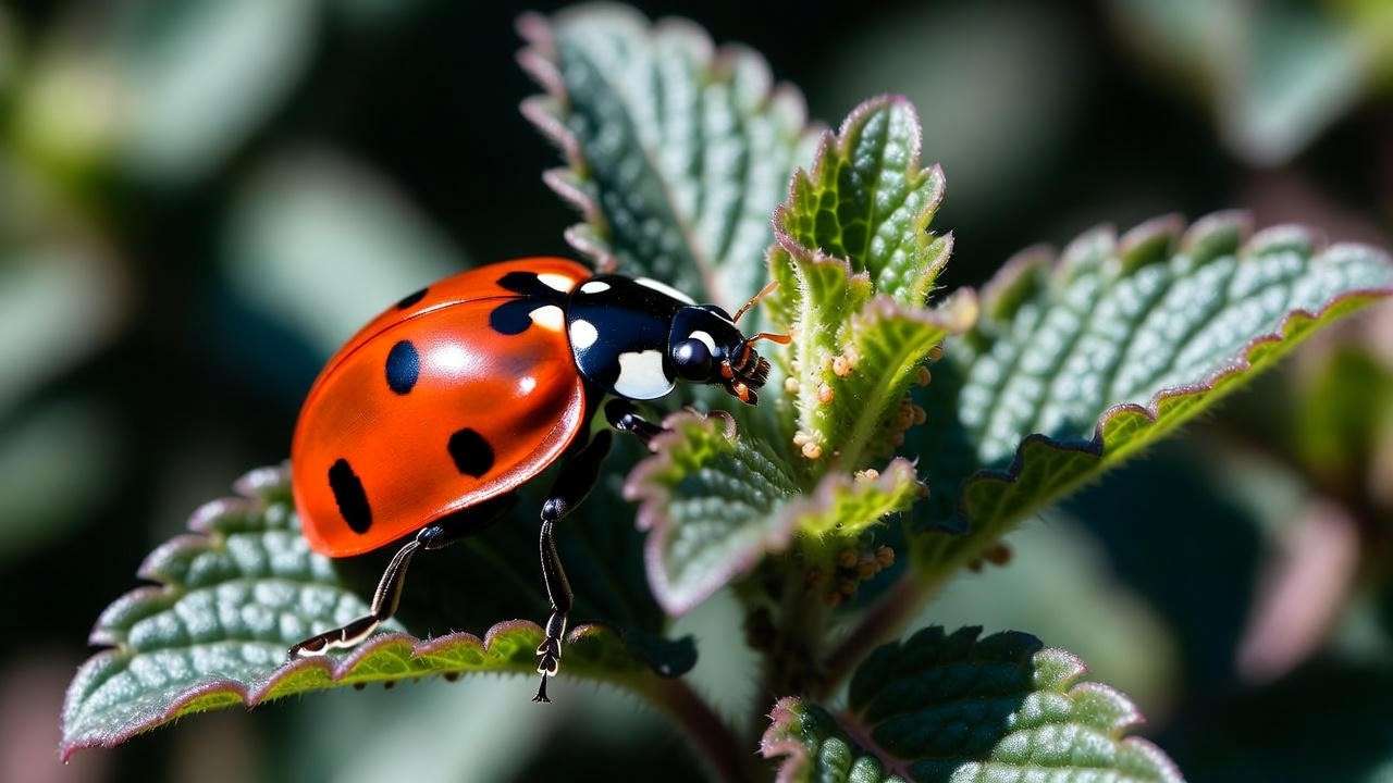 Ladybug naturally controlling aphids on chocolate mint herb plant – organic pest solution