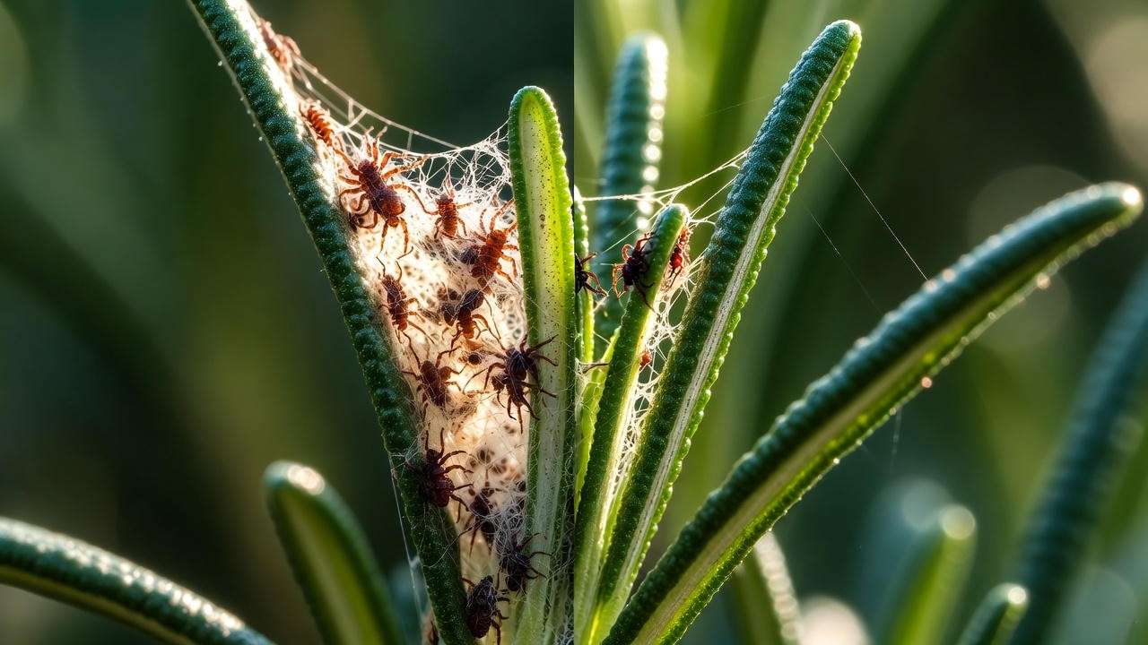 Spider mite damage on creeping rosemary leaf identification and comparison