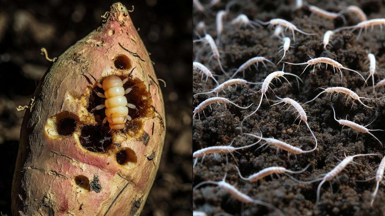 Sweet potato weevil damage (left) and beneficial nematodes for organic control (right