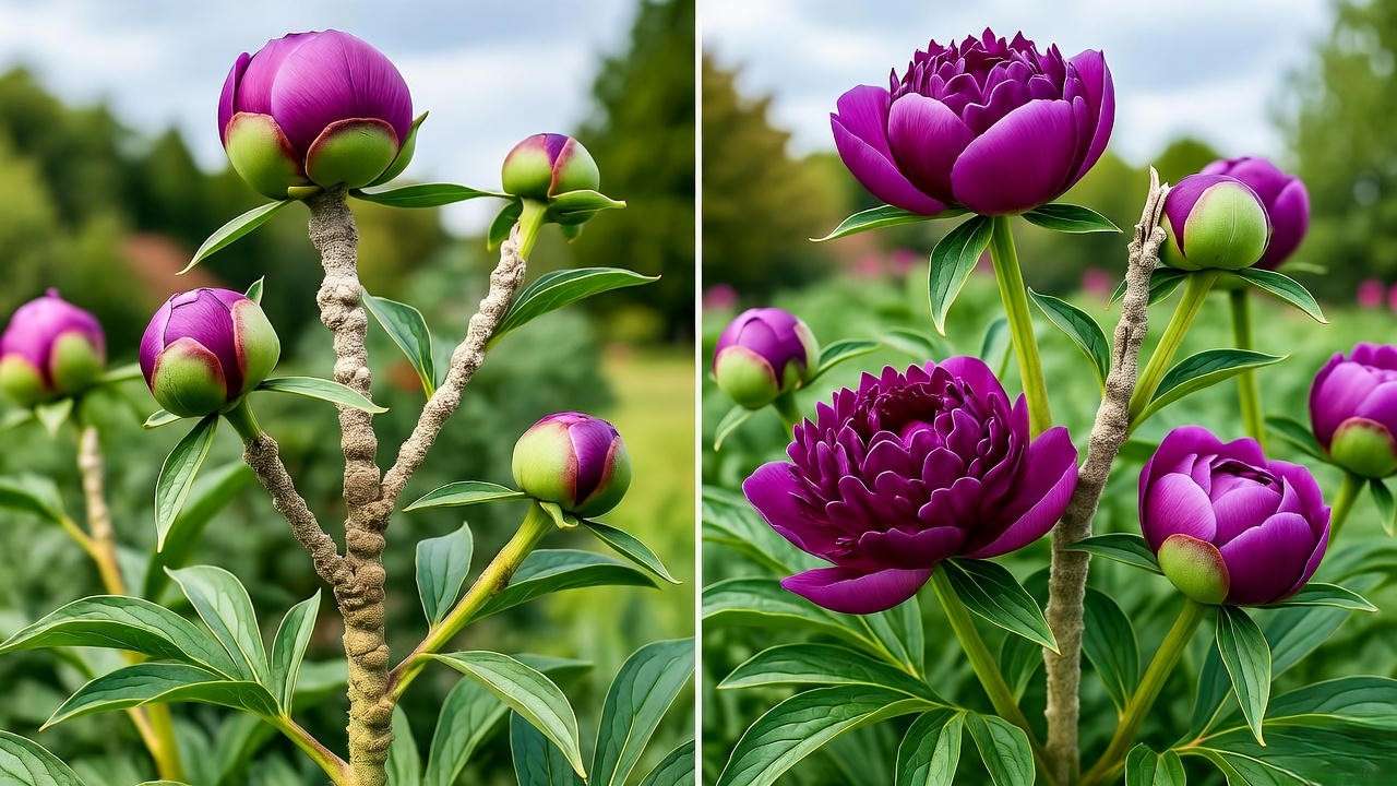 Botrytis blight on purple peony plant before and after expert treatment