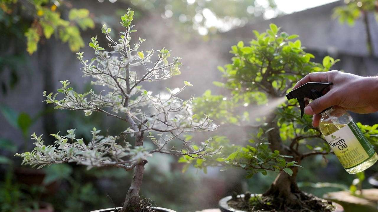 Crepe myrtle bonsai with powdery mildew and neem oil treatment