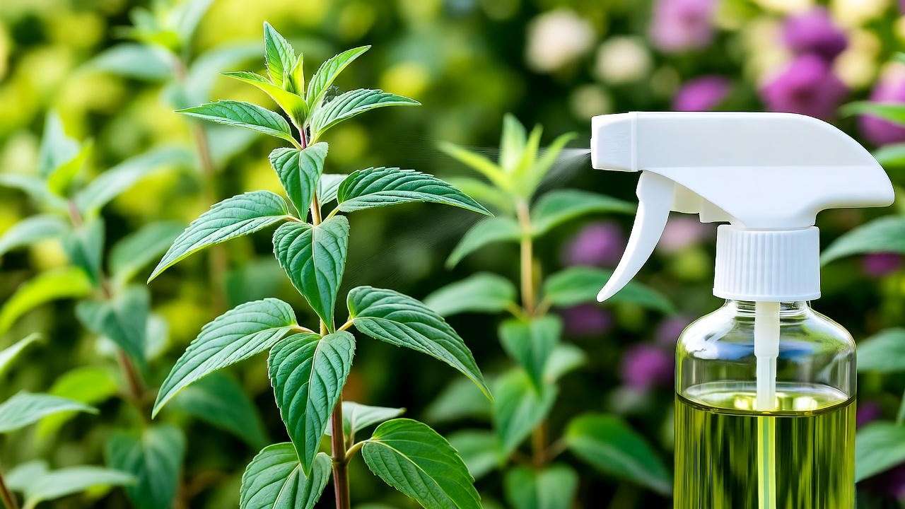 Applying neem oil to slender mountain mint leaves for pest control in a garden.
