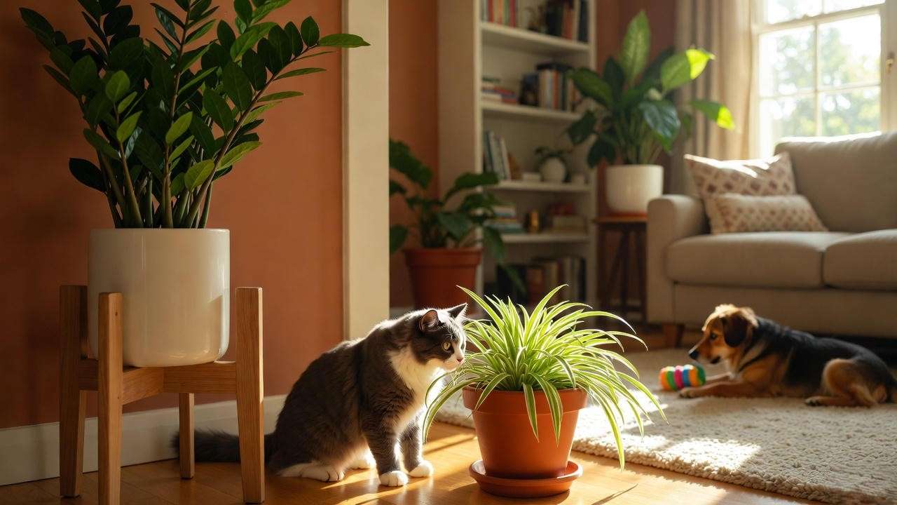 Pet-proof room with ZZ plant and cat near spider plant