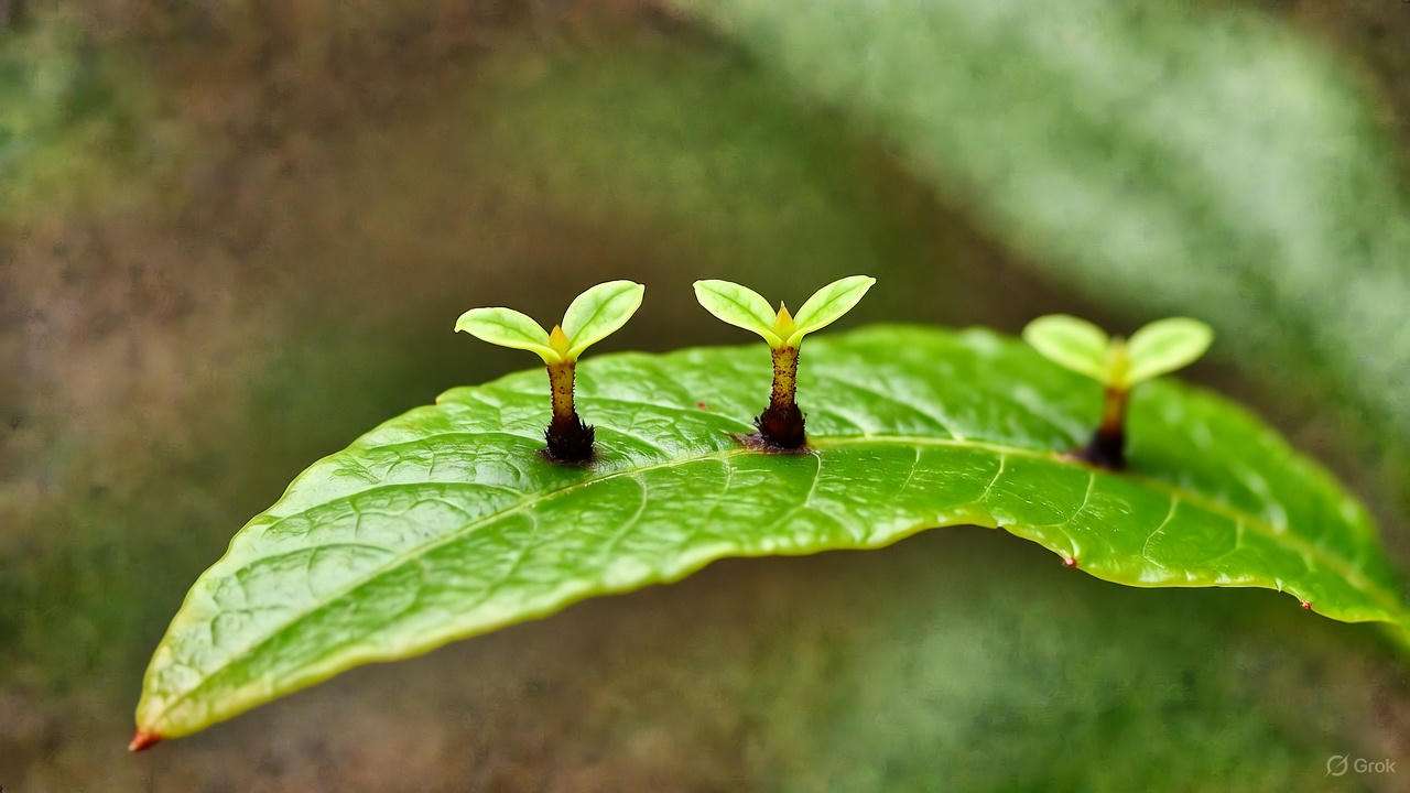 Close-up of piggy back plant leaf with baby plantlets forming at the base, Tolmiea menziesii propagation detail